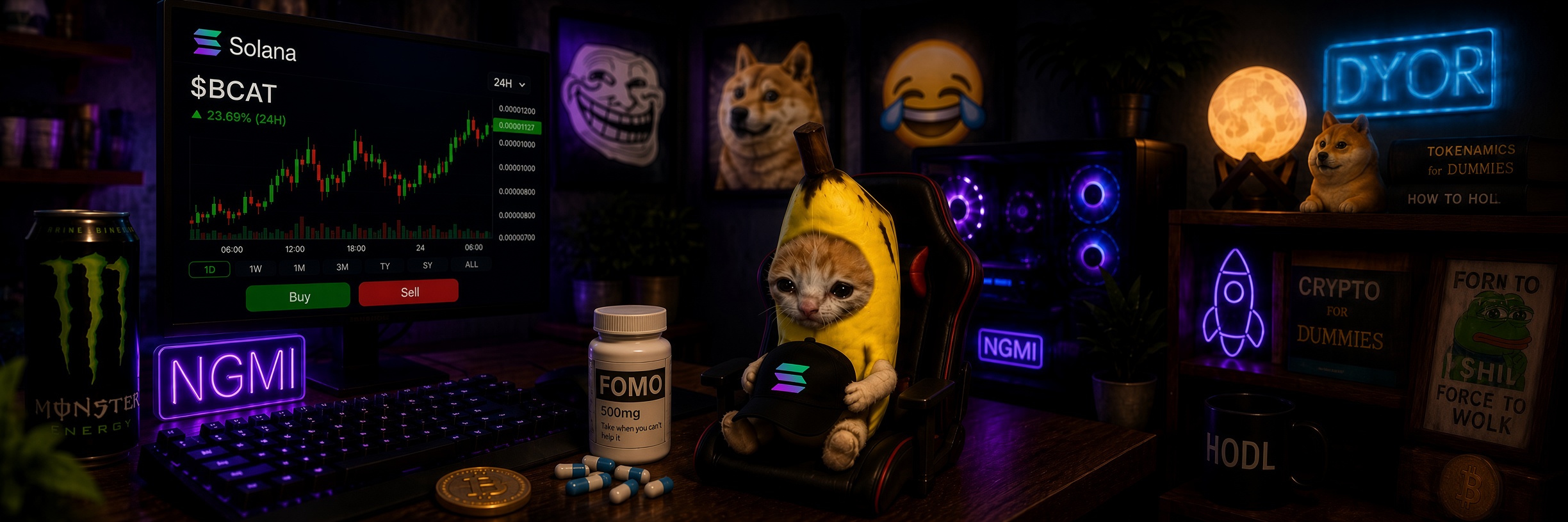Banana Cat at the trading desk in the banana den, watching $BCAT on Solana
